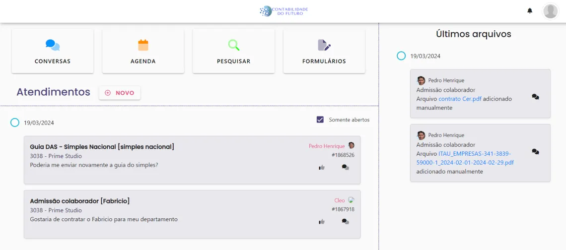 interface mostrando dashboard com lista de atendimentos dentro da solução digital Gestão de Atendimento ao Cliente