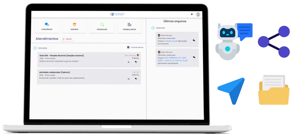 Notebook exibindo a interface da solução digital Gestão de Atendimento ao Cliente