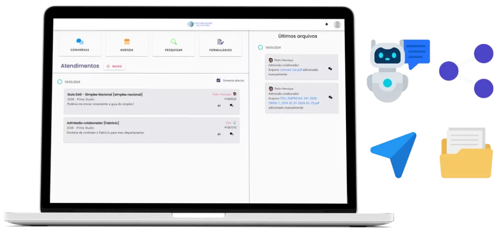 Notebook exibindo a interface da solução digital Gestão de Atendimento ao Cliente