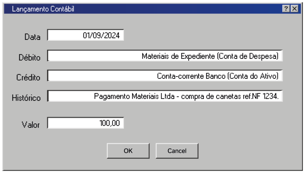 Data: 01 de setembro de 2024
Débito: Materiais de Expediente (Conta de Despesa)
Crédito: Conta-corrente Banco (Conta do Ativo) 
Histórico: Pagamento Materiais Ltda - compra de canetas referente nota fiscal 1234.
Valor: 100 reais
