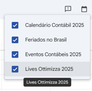 Um menu suspenso com uma lista de opções com caixas de seleção: Calendário Contábil 2025, Feriados no Brasil, Eventos Contábeis 2025 e Lives Ottimizza 2025. Todas as opções estão marcadas e uma dica destaca o Calendário Contábil como um recurso importante para o seu planejamento.