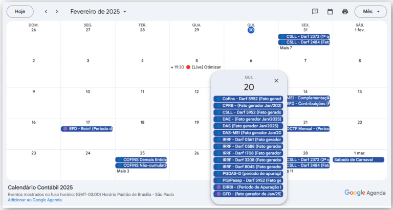 Um calendário tributário para fevereiro de 2025 é exibido, com vários blocos de eventos azuis indicando atividades financeiras e prazos. Um pop-up para eventos em 20 de fevereiro lista inúmeras tarefas relacionadas a impostos. Sábado de Carnaval é anotado no dia 1.