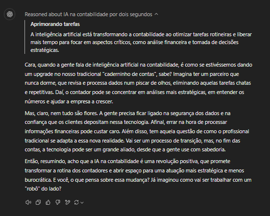 Captura de tela de uma conversa com o Chat GPT sobre inteligência artificial na contabilidade, destacando como a IA otimiza tarefas rotineiras e libera tempo para decisões estratégicas. O conteúdo discute os benefícios da automação, como a redução de trabalho manual e o aumento da precisão, além dos desafios relacionados à segurança de dados e adaptação dos profissionais.