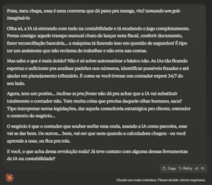 Captura de tela de uma conversa descontraída com o chat Claude sobre IA na contabilidade, simulando um diálogo em bar. O texto destaca como a IA automatiza tarefas contábeis rotineiras, mas ressalta que o papel do contador permanece essencial para análises estratégicas e interpretação do contexto empresarial.