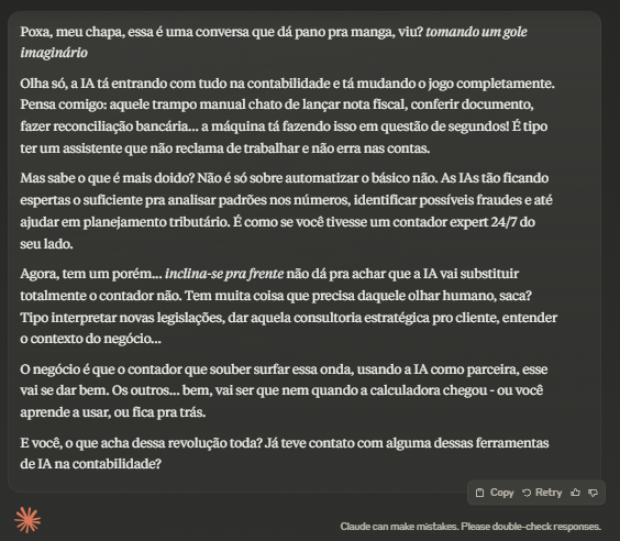 Captura de tela de uma conversa descontraída com o chat Claude sobre IA na contabilidade, simulando um diálogo em bar. O texto destaca como a IA automatiza tarefas contábeis rotineiras, mas ressalta que o papel do contador permanece essencial para análises estratégicas e interpretação do contexto empresarial.