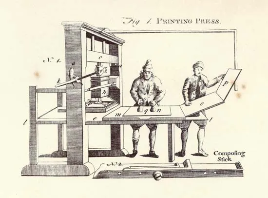 Ilustração antiga de uma prensa de impressão, retirada da Encyclopaedia Britannica. A imagem mostra dois homens operando a prensa, um ajustando o papel e outro manuseando os tipos móveis. O equipamento é detalhado com etiquetas para suas partes mecânicas, representando a revolução da impressão e a disseminação do conhecimento.