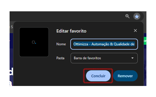 Uma caixa de diálogo intitulada Editar favorito oferece opções para modificar o nome e a pasta do marcador, talvez para gerenciar relacionados a Obrigações Tributárias Acessórios. O campo de nome é pré-preenchido, com os botões Concluir e Remover abaixo. Uma pequena imagem adorna o canto superior esquerdo.