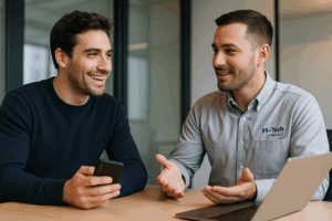 Executivos em escritório moderno usando tecnologia para comunicação com clientes via computadores e smartphones