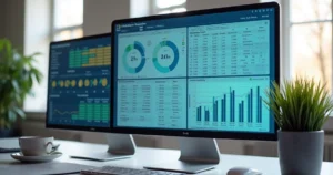 Tela de computador exibindo gráficos financeiros, tabelas e cálculos de razão entre receitas e despesas em ambiente de escritório contábil moderno