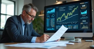 Profissional analisando gráficos e documentos financeiros em escritório moderno com tela digital ao fundo