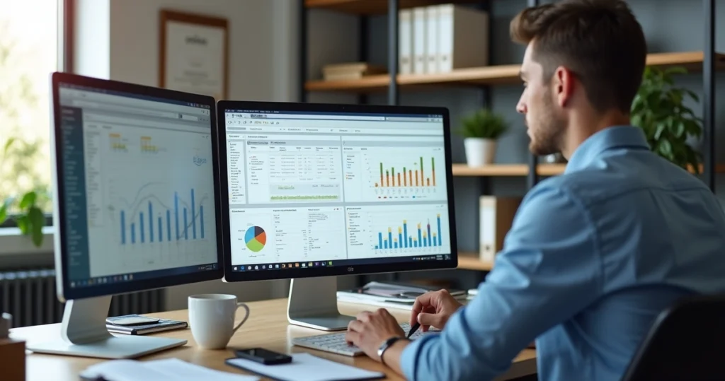 Profissional de contabilidade utilizando computador com tela mostrando ferramentas digitais de automação contábil, em escritório moderno e organizado