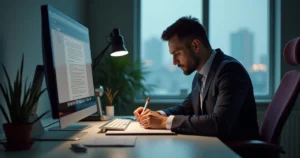 Executivos em escritório moderno usando tecnologia para comunicação com clientes via computadores e smartphones