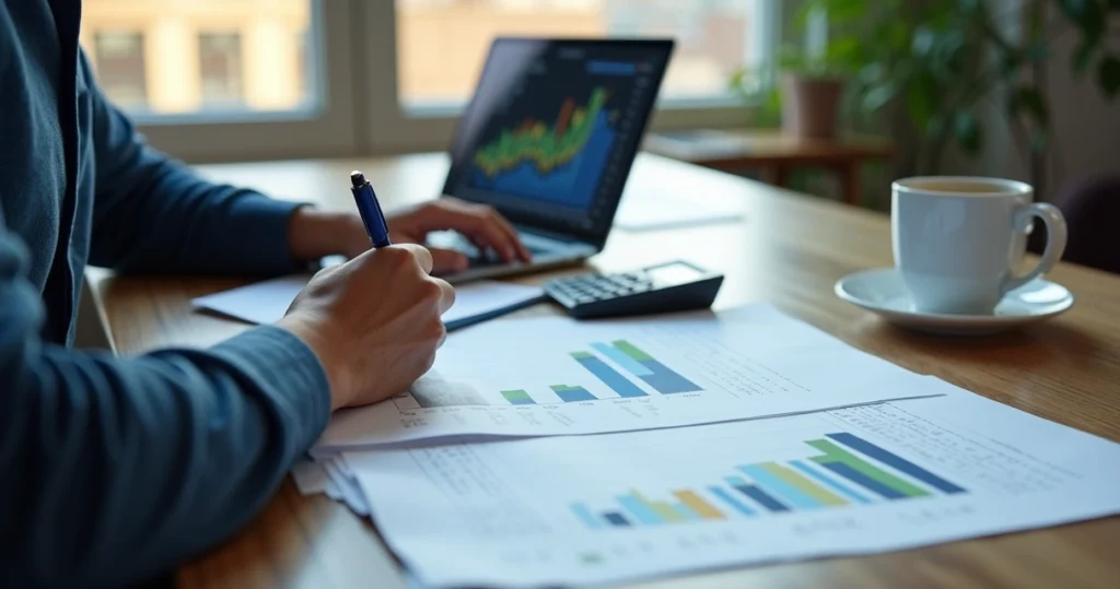 Empreendedor analisando documentos financeiros e gráficos em laptop num escritório moderno, com caneta na mão e tabela de faturamento ao lado