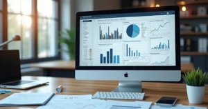 Mesa de escritório contábil com computador, documentos fiscais, planilhas digitais e gráficos financeiros ao fundo