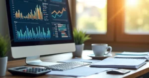 Computador com tela exibindo software de escrituração contábil digital no SPED, com gráficos financeiros e documentos eletrônicos ao redor