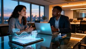 Executivos em escritório moderno usando tecnologia para comunicação com clientes via computadores e smartphones