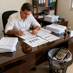 Tela de computador exibindo gráficos financeiros, tabelas e cálculos de razão entre receitas e despesas em ambiente de escritório contábil moderno