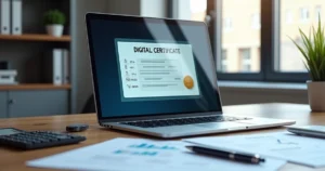 Mesa de trabalho com laptop exibindo certificado digital e documentos contábeis organizados