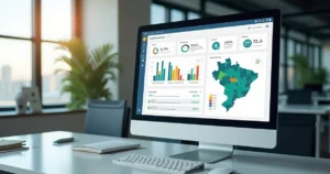 Tela de computador exibindo dashboard interativo da plataforma nacional da NFS-e com gráficos e mapas do Brasil mostrando adesão municipal