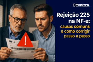 Computador com tela exibindo código XML de nota fiscal eletrônica e mensagem de erro de rejeição
