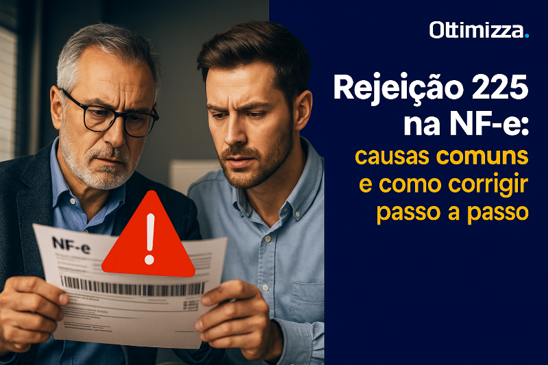 Computador com tela exibindo código XML de nota fiscal eletrônica e mensagem de erro de rejeição