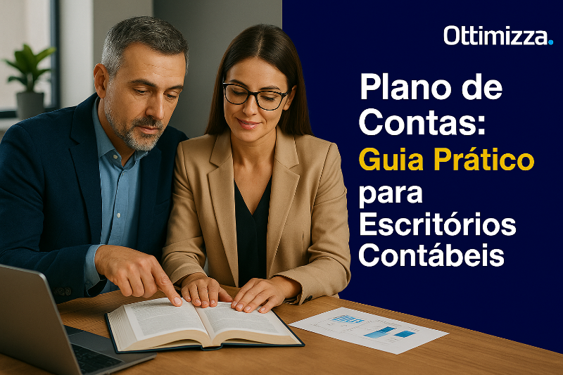 Mesa de escritório com laptop aberto exibindo plano de contas contábil, papéis organizados com gráficos, calculadora e caneta sobre superfície de madeira clara