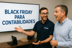 Equipe de escritório contábil reunida em sala moderna com gráficos e computadores mostrando dados financeiros na tela, ambiente bem iluminado e organizado com decoração corporativa