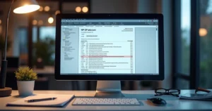 Computador com tela exibindo código XML de nota fiscal eletrônica e mensagem de erro de rejeição
