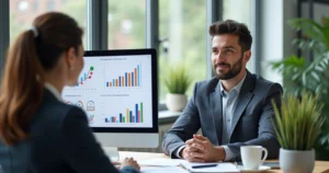 Profissional em escritório contábil apresentando em tela de computador gráficos de vendas e serviços complementares a cliente atento