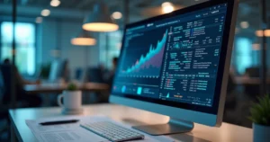 Computador exibindo tabelas e gráficos de auditoria digital para controle fiscal