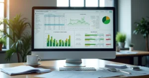 Interface digital mostrando conciliação financeira entre clientes e fornecedores, gráficos e dados complexos em tela de computador