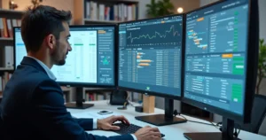Profissionais de escritório contábil conciliando transações financeiras automáticas em monitores com dados de Pix Automático e gráficos financeiros