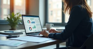 Pessoa analisando relatórios financeiros e gráficos de desempenho em laptop moderno para planejamento tributário