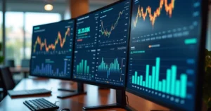 Painel digital com indicadores financeiros como EBITDA, fluxo de caixa e margem líquida em tela de alta resolução