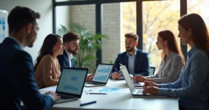 Equipe de escritório contábil reunida em sala moderna com gráficos e computadores mostrando dados financeiros na tela, ambiente bem iluminado e organizado com decoração corporativa