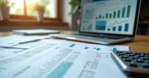 Ilustração hiper-realista de documentos fiscais, calculadora e notas fiscais com gráficos financeiros ao fundo