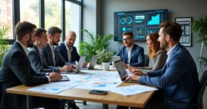 Equipe de consultores contábeis em reunião com laptop e gráficos mostrando análise de dados e planejamento estratégico