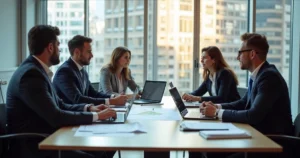 Equipe de contadores profissional em reunião de negócios discutindo estratégias de vendas, ambiente corporativo moderno com laptop, documentos e gráficos na mesa