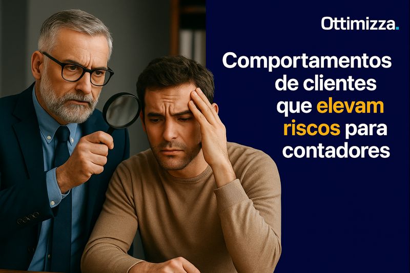 Contador em reunião com cliente desorganizado e pilha de documentos na mesa