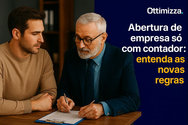 Empresário e contadora analisando documentos de abertura de empresa em escritório moderno