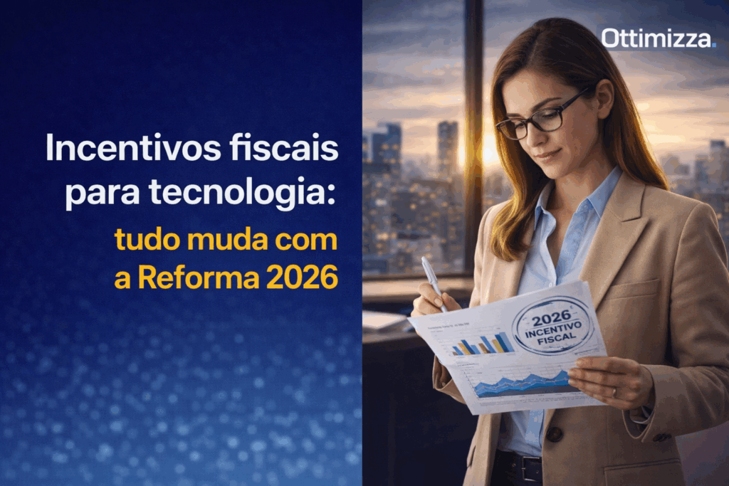 Executivos de tecnologia analisando incentivos fiscais em painel digital com gráficos e ícones de impostos