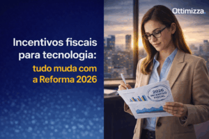 Executivos de tecnologia analisando incentivos fiscais em painel digital com gráficos e ícones de impostos