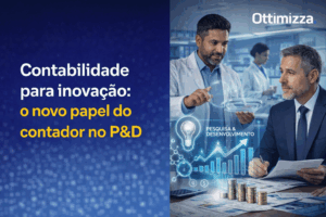 Contador analisando dados de inovação ao lado de equipe de P&D em ambiente corporativo moderno