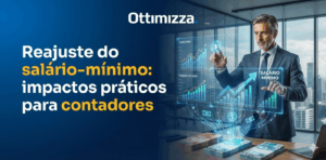 Contador analisando reajuste do salário-mínimo no escritório com gráficos financeiros