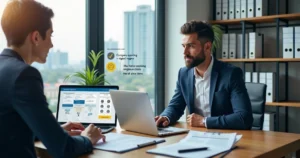 Empresário e contadora analisando documentos de abertura de empresa em escritório moderno