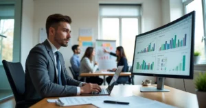 Contador jovem analisando gráficos em escritório moderno com equipe ao fundo