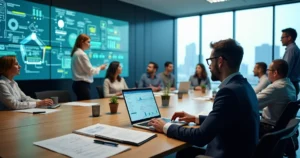 Contador analisando dados de inovação ao lado de equipe de P&D em ambiente corporativo moderno