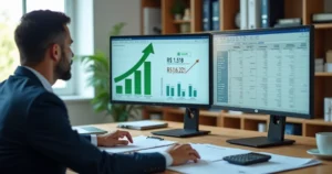 Contador analisando reajuste do salário-mínimo no escritório com gráficos financeiros