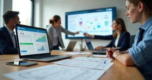 Equipe contábil analisando reformas tributárias em reunião com gráficos digitais