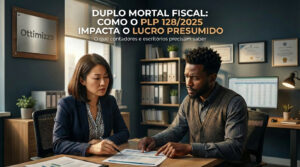Contador analisando gráficos de impostos em notebook com destaque para aumento da carga no Lucro Presumido